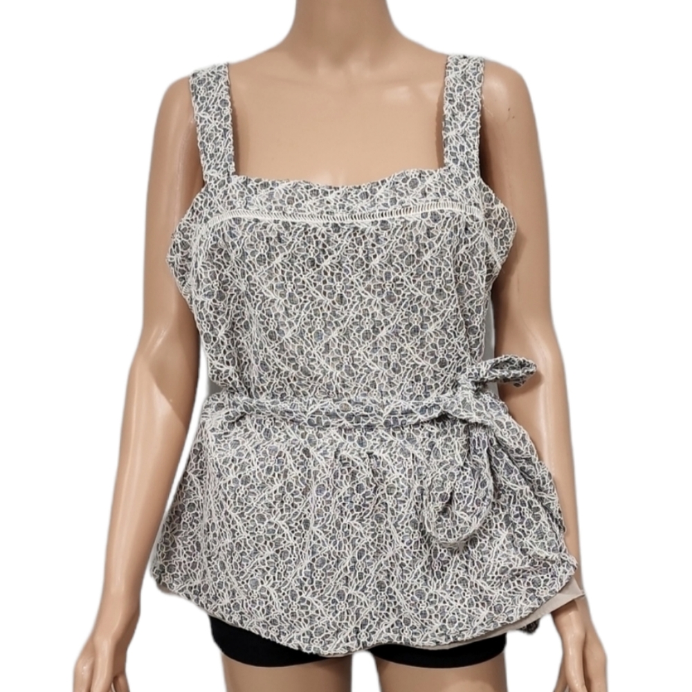 Banana Republic Womens Grey Beige Lace Overlay Peplum Tie Waist Blouse Size L